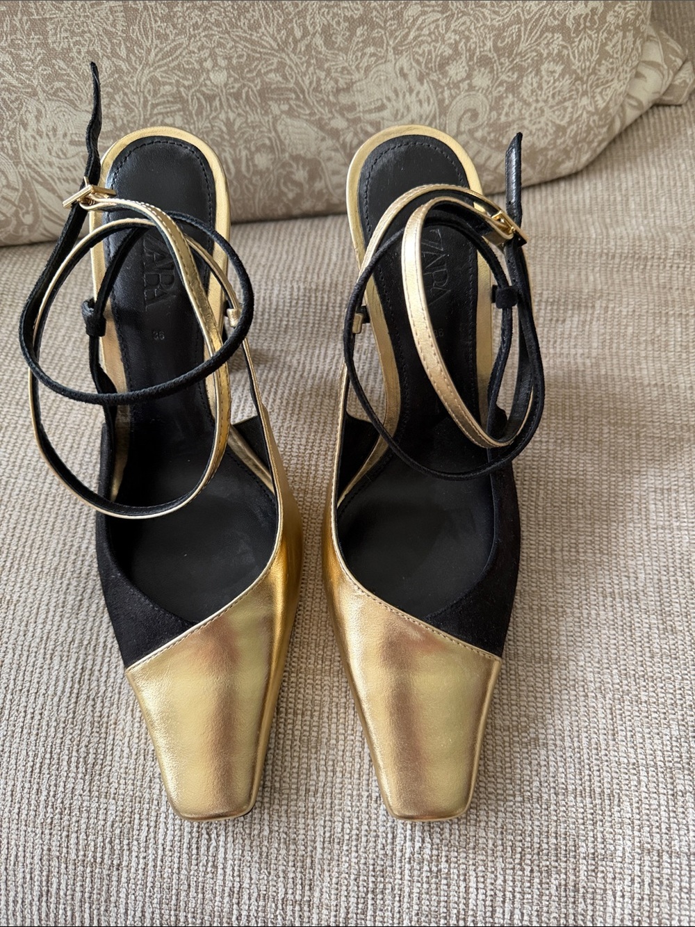 NWOT Zara Gold and Black Square-Toe Ankle-Strap Heels with blue soles.